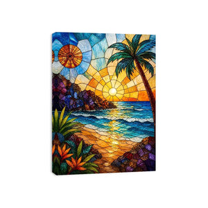 Stained glass beach sunset wall art with ocean waves palm tree and golden sky coastal modern canvas artwork