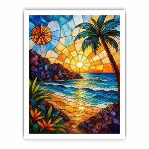 Stained glass beach sunset wall art with ocean waves palm tree and golden sky coastal modern canvas artwork