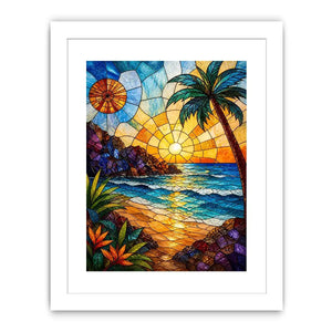 Stained glass beach sunset wall art with ocean waves palm tree and golden sky coastal modern canvas artwork