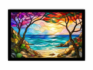 stained glass ocean sunset wall art with waves sky and coastal landscape bright modern canvas artwork