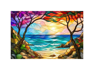 stained glass ocean sunset wall art with waves sky and coastal landscape bright modern canvas artwork