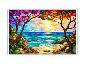 stained glass ocean sunset wall art with waves sky and coastal landscape bright modern canvas artwork