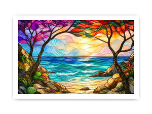 stained glass ocean sunset wall art with waves sky and coastal landscape bright modern canvas artwork