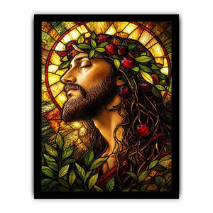 stained glass jesus portrait wall art with warm glowing light spiritual christian canvas artwork