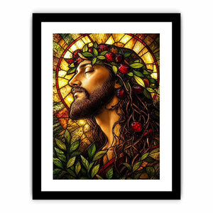 stained glass jesus portrait wall art with warm glowing light spiritual christian canvas artwork