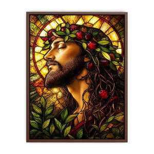 stained glass jesus portrait wall art with warm glowing light spiritual christian canvas artwork