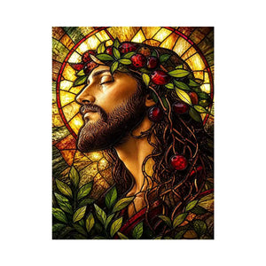 stained glass jesus portrait wall art with warm glowing light spiritual christian canvas artwork