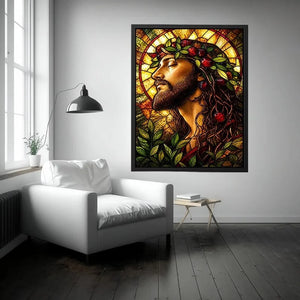 stained glass jesus portrait wall art with warm glowing light spiritual christian canvas artwork