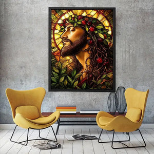 stained glass jesus portrait wall art with warm glowing light spiritual christian canvas artwork