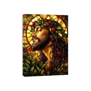 stained glass jesus portrait wall art with warm glowing light spiritual christian canvas artwork