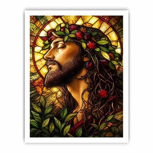 stained glass jesus portrait wall art with warm glowing light spiritual christian canvas artwork