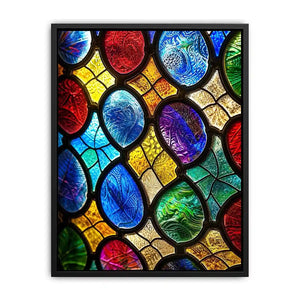 bright colorful stained glass abstract wall art with vibrant mosaic pattern and glowing light texture