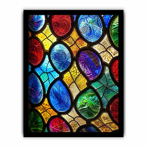 bright colorful stained glass abstract wall art with vibrant mosaic pattern and glowing light texture
