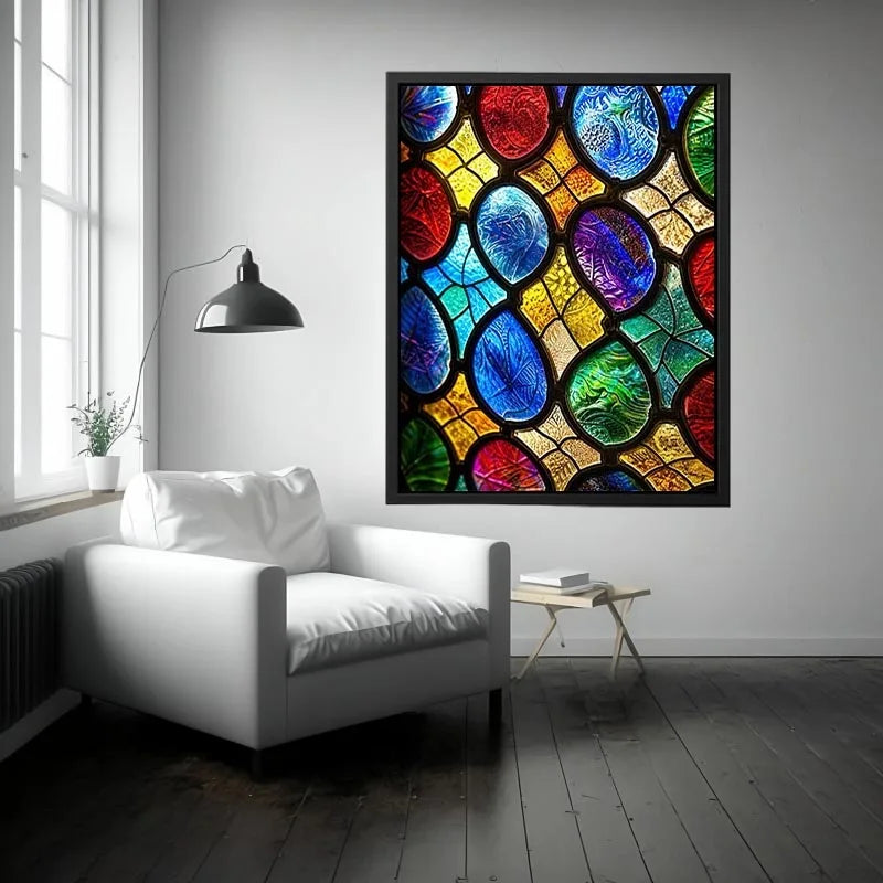 bright colorful stained glass abstract wall art with vibrant mosaic pattern and glowing light texture