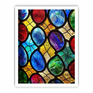bright colorful stained glass abstract wall art with vibrant mosaic pattern and glowing light texture