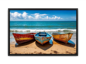 Colorful fishing boats resting on a sandy beach with turquoise ocean and clear sky