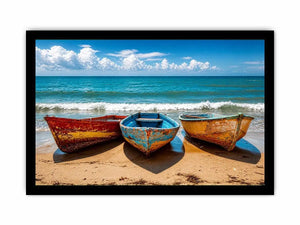 Colorful fishing boats resting on a sandy beach with turquoise ocean and clear sky