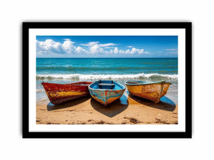 Colorful fishing boats resting on a sandy beach with turquoise ocean and clear sky