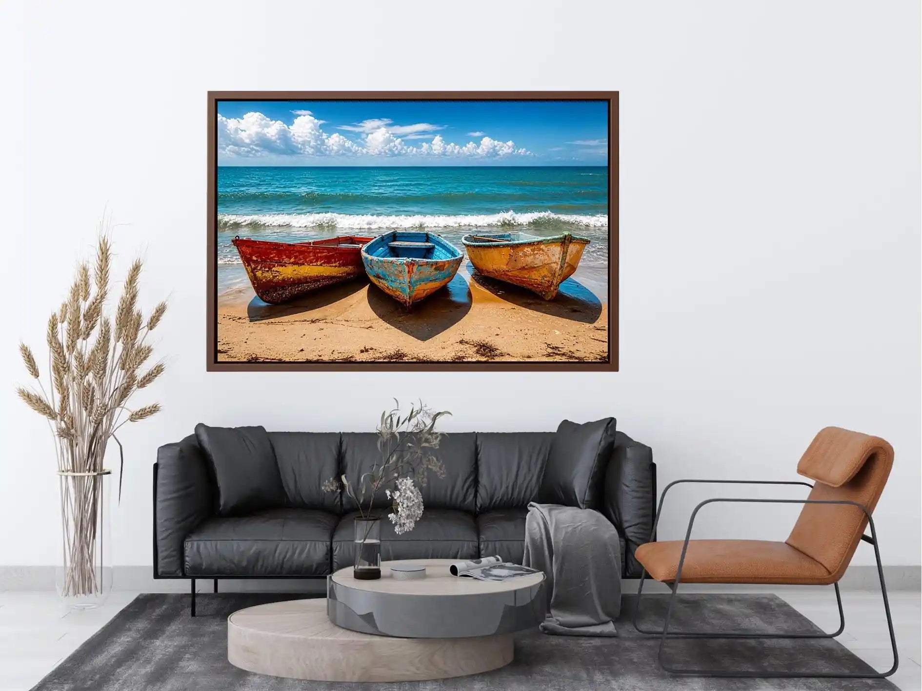 Colorful fishing boats resting on a sandy beach with turquoise ocean and clear sky