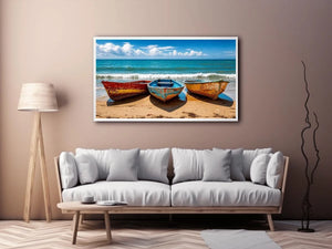 Colorful fishing boats resting on a sandy beach with turquoise ocean and clear sky