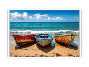 Colorful fishing boats resting on a sandy beach with turquoise ocean and clear sky