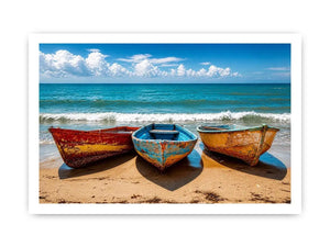 Colorful fishing boats resting on a sandy beach with turquoise ocean and clear sky