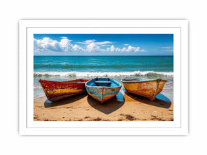 Colorful fishing boats resting on a sandy beach with turquoise ocean and clear sky