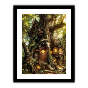 Enchanted forest treehouse wall art glowing magical cottage in ancient tree bright luxury canvas decor