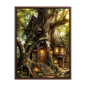 Enchanted forest treehouse wall art glowing magical cottage in ancient tree bright luxury canvas decor