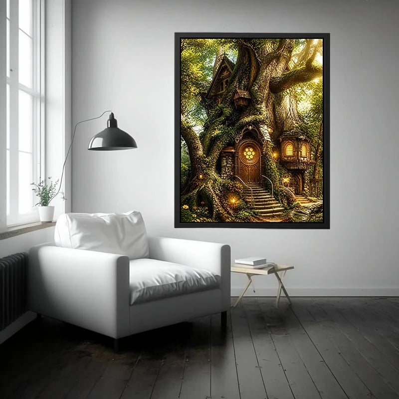 Enchanted forest treehouse wall art glowing magical cottage in ancient tree bright luxury canvas decor