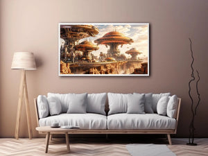 Futuristic sci fi cityscape wall art with glowing architecture and warm neutral tones for modern luxury interiors