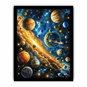 Colorful cosmic galaxy wall art with glowing planets and stars in blue and gold tones for modern luxury interiors