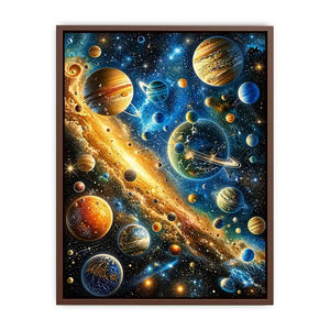 Colorful cosmic galaxy wall art with glowing planets and stars in blue and gold tones for modern luxury interiors