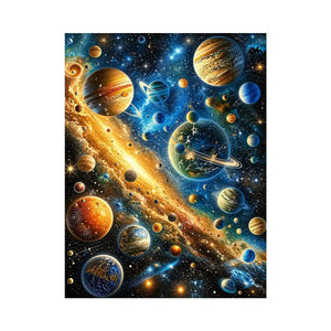 Colorful cosmic galaxy wall art with glowing planets and stars in blue and gold tones for modern luxury interiors