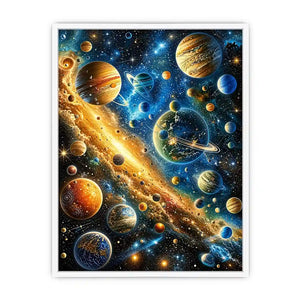Colorful cosmic galaxy wall art with glowing planets and stars in blue and gold tones for modern luxury interiors