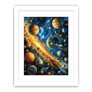 Colorful cosmic galaxy wall art with glowing planets and stars in blue and gold tones for modern luxury interiors