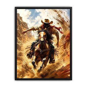 Western cowboy riding horse wall art with dynamic motion and earthy tones for rustic modern home decor