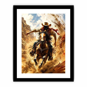 Western cowboy riding horse wall art with dynamic motion and earthy tones for rustic modern home decor