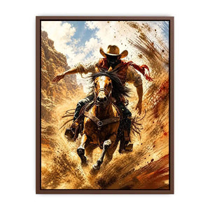 Western cowboy riding horse wall art with dynamic motion and earthy tones for rustic modern home decor