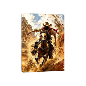 Western cowboy riding horse wall art with dynamic motion and earthy tones for rustic modern home decor