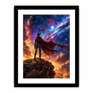 Cosmic cowboy standing on cliff under galaxy sky wall art with vibrant blue and orange tones for modern luxury interiors