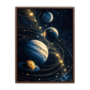 Minimalist space planets wall art with golden orbit lines and deep blue background for modern luxury interiors
