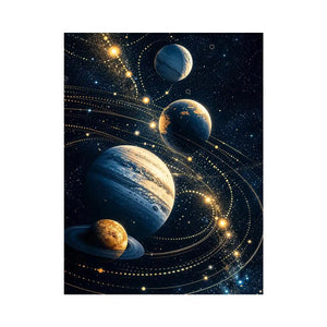 Minimalist space planets wall art with golden orbit lines and deep blue background for modern luxury interiors