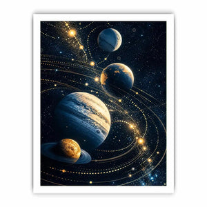 Minimalist space planets wall art with golden orbit lines and deep blue background for modern luxury interiors