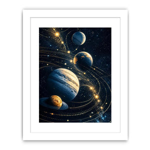 Minimalist space planets wall art with golden orbit lines and deep blue background for modern luxury interiors