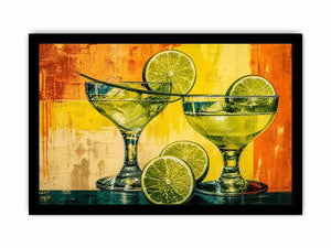 Colorful lime cocktails in martini glasses with citrus slices on vibrant abstract background