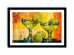 Colorful lime cocktails in martini glasses with citrus slices on vibrant abstract background