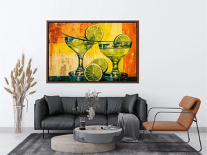 Colorful lime cocktails in martini glasses with citrus slices on vibrant abstract background