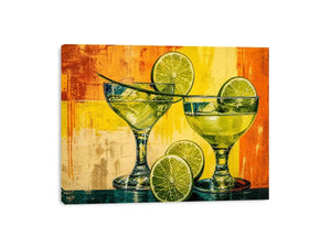 Colorful lime cocktails in martini glasses with citrus slices on vibrant abstract background