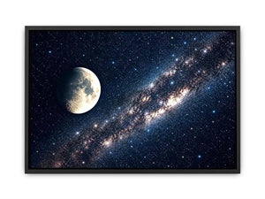 Minimal moon night sky wall art with soft stars and deep blue tones for calm modern luxury interiors